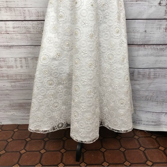 Davids Bridal White Strapless Lace Pearl Beaded Formal Dress Wedding Party Gown - Picture 7 of 10